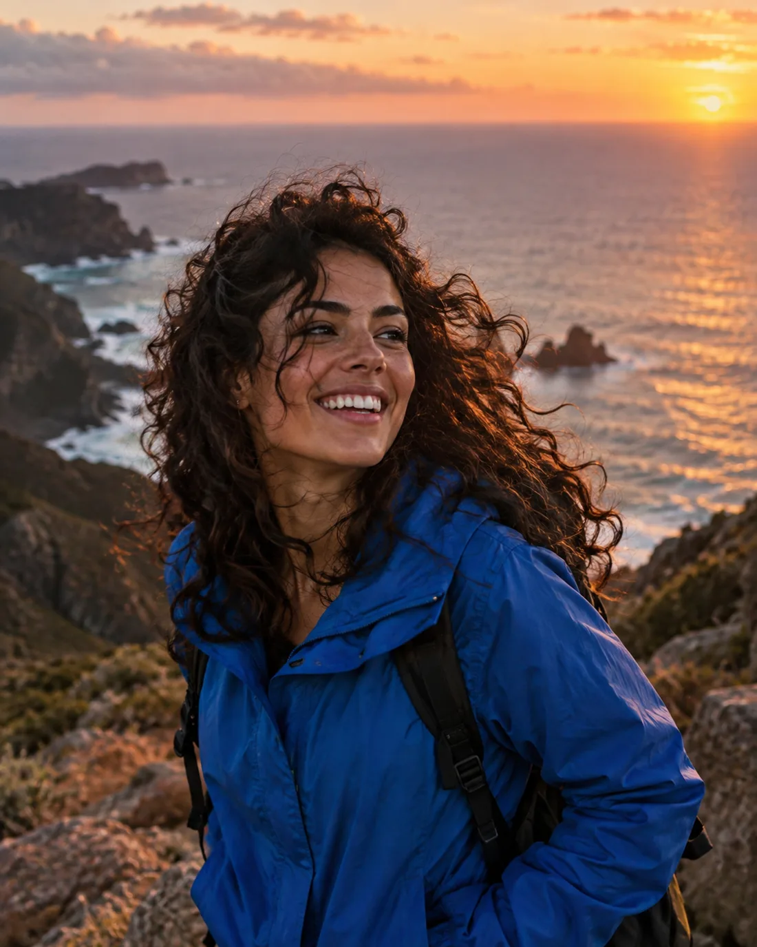 Criadora de conteúdo em uma paisagem costeira