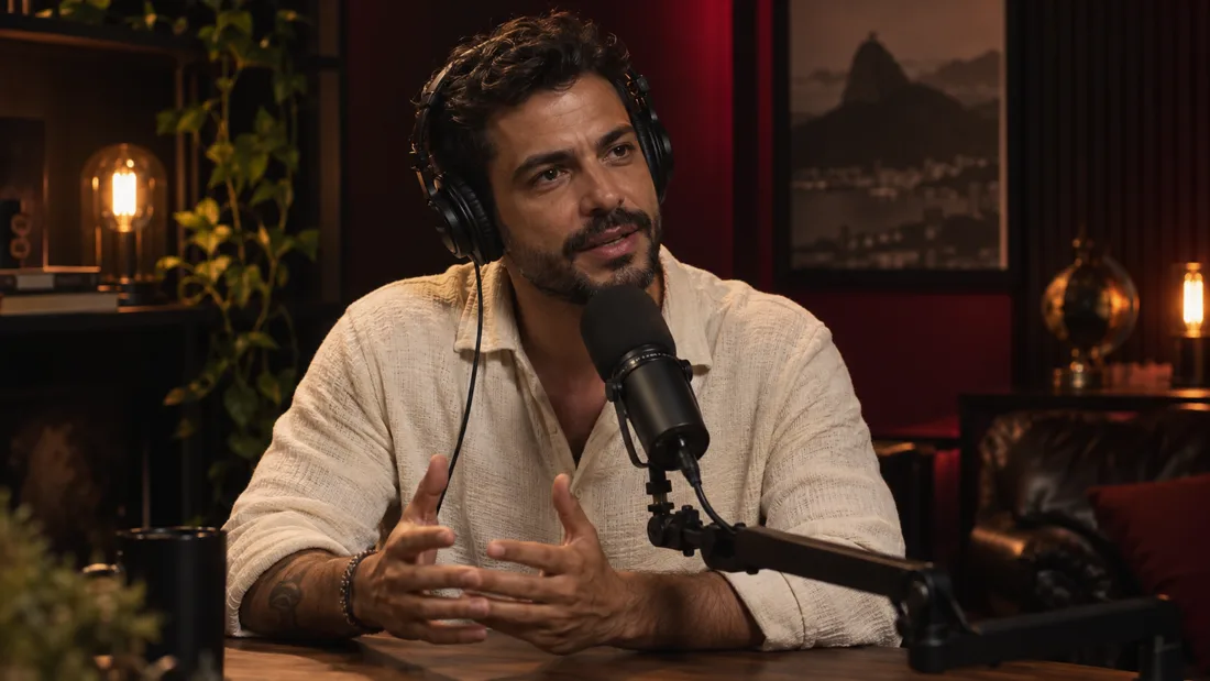 Criador gravando um podcast